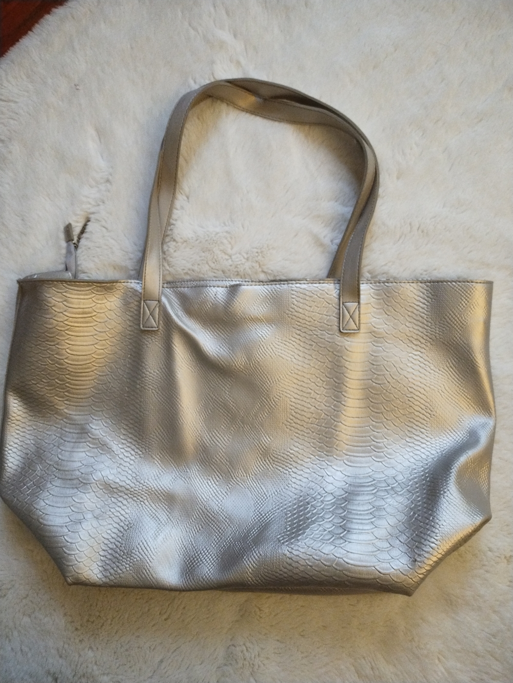 Bath & Body Works Silver Metallic Tote with Embossed Snakeskin Texture